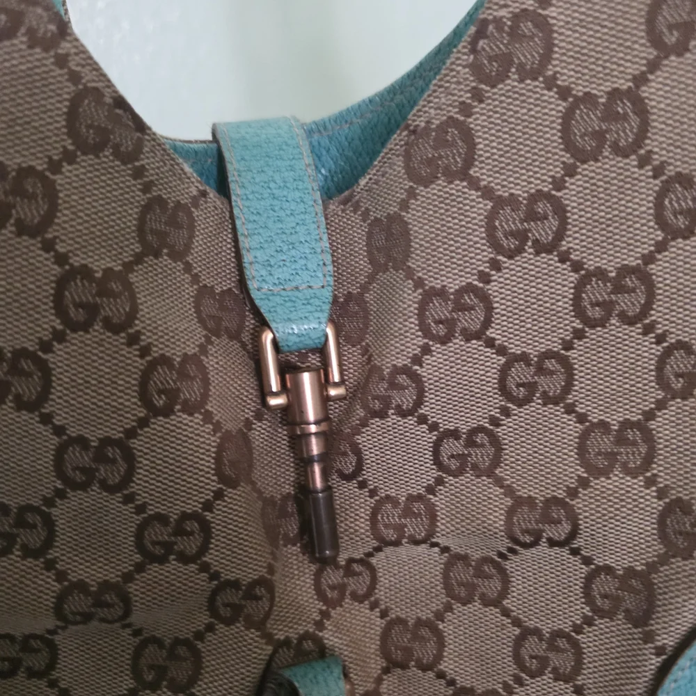 Gucci Brown Monogram Shoulder Bag with Teal Leather Trim - Picture 5 of 7